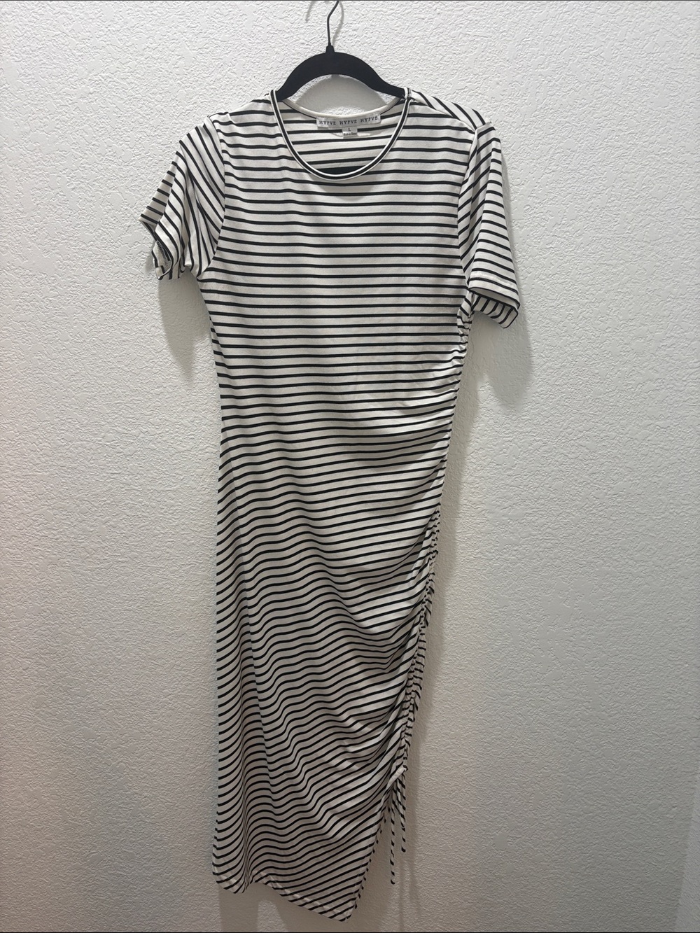 HYFVE Black and White Striped Ruched Side Midi Dress